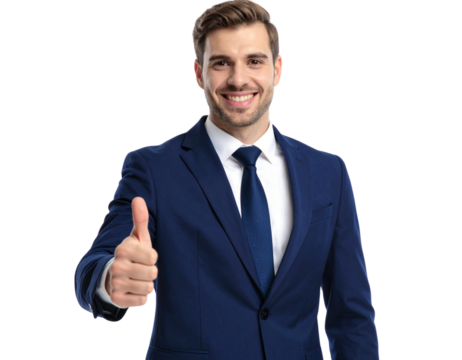  “Confident Businessman in Suit Giving Thumbs Up Gesture, isolated on transparent background”.