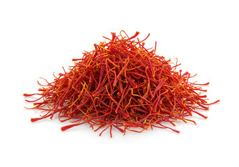 Fototapeta premium A close up shot of a pile of saffron threads on a white surface in a studio environment