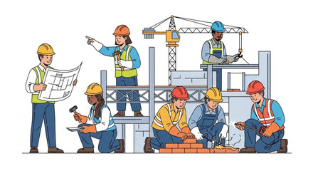 Construction workers and building site vector illustration