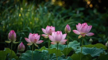 Obraz premium Seven-petaled pink lotus in full summer bloom