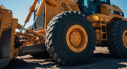 Close-up of a heavy-duty yellow bulldozer's massive tire and undercarriage