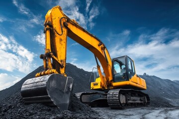 Large yellow excavator working on a coal mining site with black soil and a bright blue sky in the background