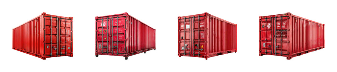 Transport action red shipping containers in industrial environment PNG set, cut out, isolated on transparent background