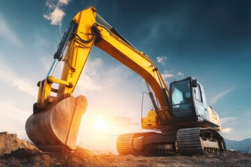A large yellow excavator sits on a construction site at sunrise, ready for earthmoving under a dramatic sky