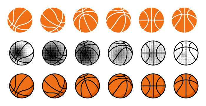 Set of basketball icons in multiple styles including flat