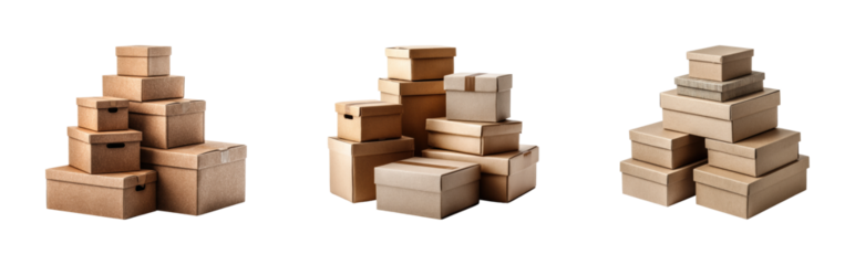Stacked cardboard boxes in an organized space minimalist PNG set, cut out, isolated on transparent background