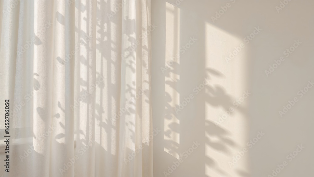 Poster the wall is decorated with shadow patterns and hazy outlines formed by light passing through the cur