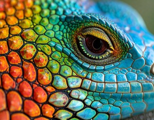 Naklejka premium Vibrant Iguana Eye Macro Shot of Colorful Scales and Intricate Details