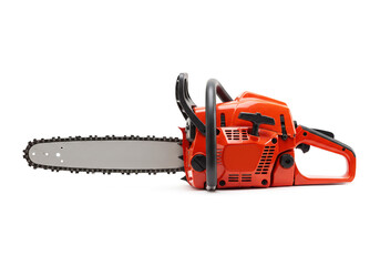 A bright orange chainsaw with a black handle and a silver blade on a stark white background