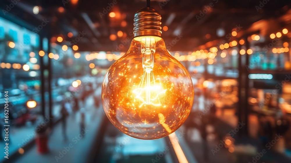 Poster illuminated incandescent light bulb casts a warm glow in a modern setting creating ambiance