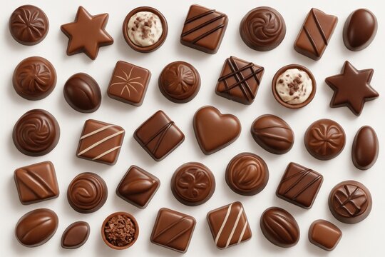A variety of chocolate pralines arranged overhead against a white backdrop - Powered by Adobe
