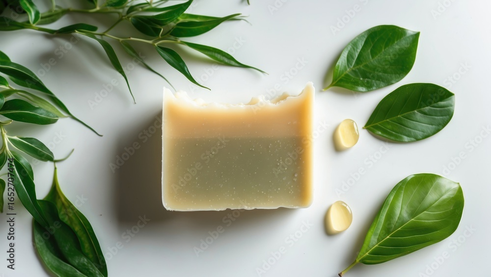 Poster organic soap assortment arranged on a white tabletop with empty background for display