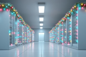 A modern data center hallway decorated with colorful holiday lights and festive garlands along the server racks