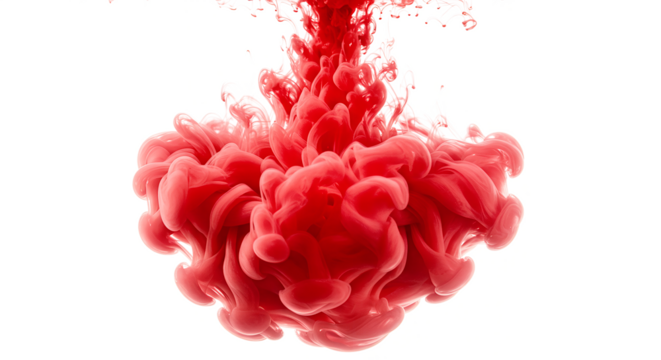 Vibrant Red Ink Dissolving in Water, Abstract Fluid Explosion Isolated on Transparent Background.