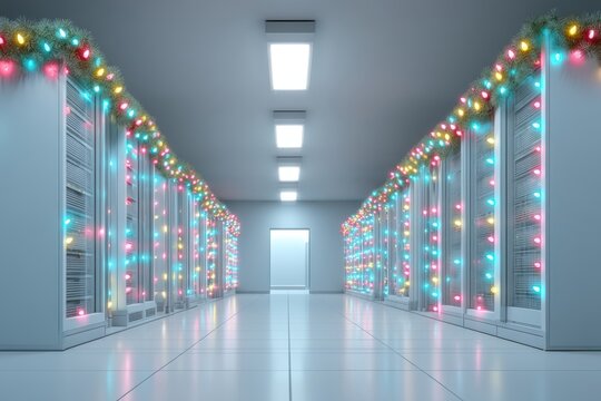 A modern data center hallway decorated with colorful holiday lights and festive garlands along the server racks - Powered by Adobe