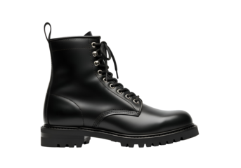 Stylish Black Leather Combat Boot Isolated on White.