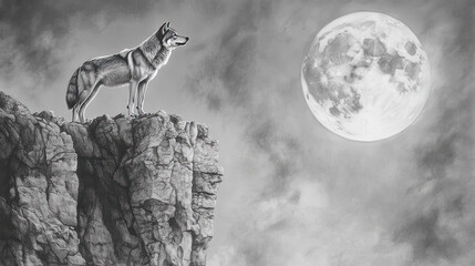 Nature Drawings of a Lone Wolf Standing Atop a Cliff – AI Generative