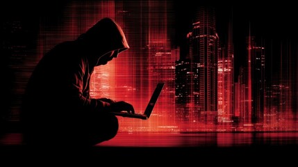 A hooded figure using a laptop is silhouetted against a red digital cityscape, evoking themes of hacking and cybersecurity