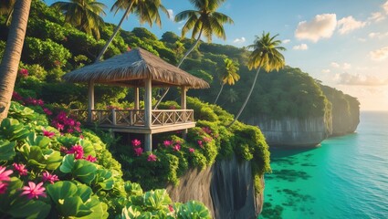 Secluded island haven with lush greenery and a rustic pavilion perched above the ocean, offering a calm and serene escape amid nature.