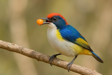 Fototapeta premium Colorful bird with striking feathers resting on a tree limb against a blurred background