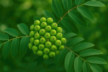Photograph showcasing green, immature rowan berries in detail
