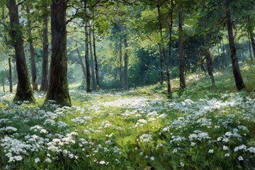 Obraz premium Lush Green Forest Scene with White Wildflowers and Soft Sunlight Filtering Through Trees in a Serene Environment