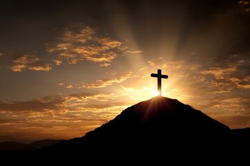 A cross stands on a hilltop, silhouetted against a dramatic sunrise sky with golden rays and scattered clouds
