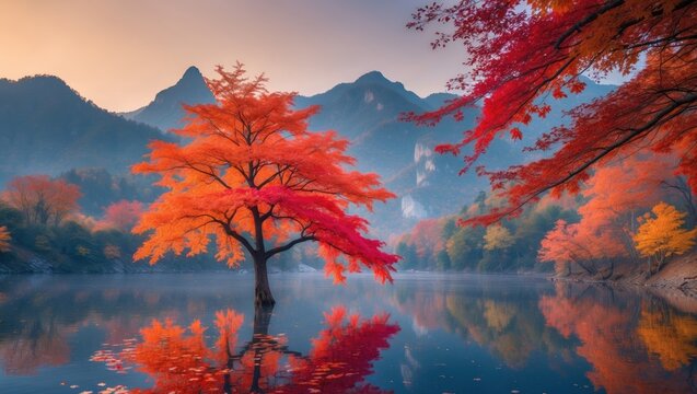 The Fall Scene at Maple Creek with Leaf Reflection