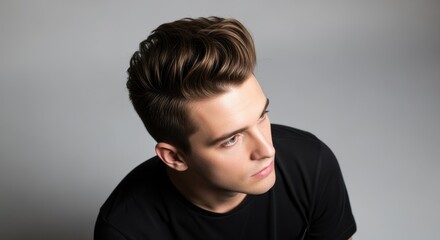 Young Man Looking Up - Stylish Hairstyle and Confident Pose