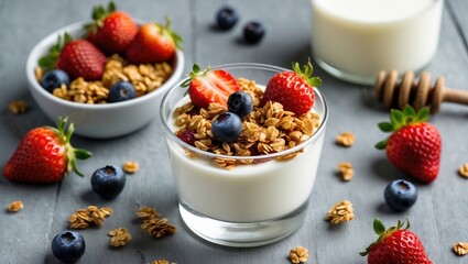 Creamy yogurt crafted at home paired with roasted granola and fresh berries in a glass container on a gray backdrop