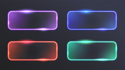 Technology rectangle frame. Futuristic glowing glass border collection, abstract game shiny label design, neon light glassmorphism effect. Vector LED sign isolated set