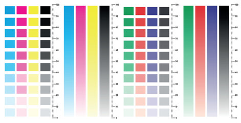 CMYK color scale. Print test chart color process separation swatch with percentages of Cyan, Magenta, Yellow and Key black inks. Vector CMYK test print table
