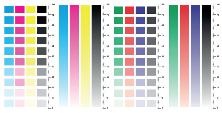 CMYK color scale. Print test chart color process separation swatch with percentages of Cyan, Magenta, Yellow and Key black inks. Vector CMYK test print table