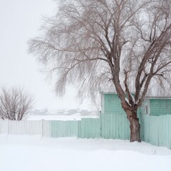 Snowy Winter Landscape With Pastel Green Shed And Fence