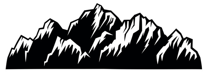 Mountain range silhouette. Black rocky peaks panoramic view, monochrome mountain ridge climbing outdoor activity concept. Vector mountains illustration