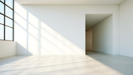Obraz premium Bright empty interior with large window and doorway white sunlight
