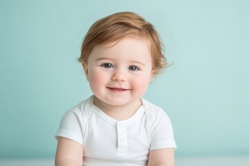 Naklejka premium A smiling baby with light brown hair and a white onesie sits against a soft blue background, radiating joy and innocence