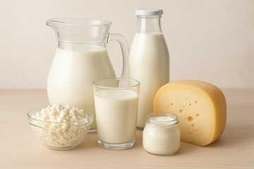 Healthy milk-based products showcased with bottles and glassware on a table setting