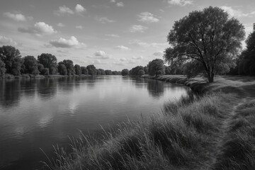 Monochrome depiction of the riverside scenery