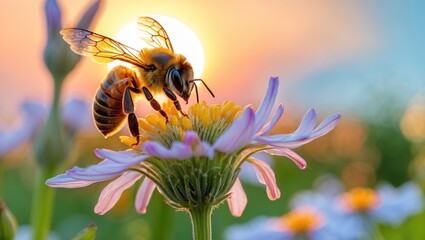 A honey bee gathering nectar from a flower during sunset