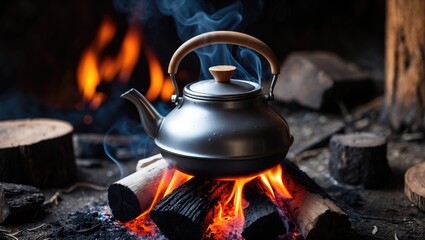 Traditional kettle heating water on a campfire