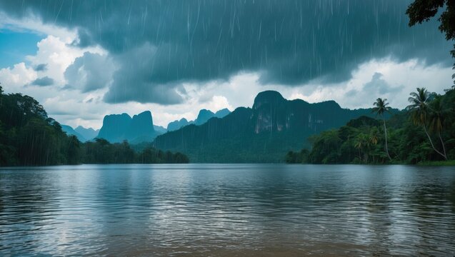 Heavy rainfall cascading across a tranquil lake surrounded by dense tropical woods and distant mountains