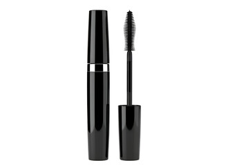 Sleek Black Mascara Tube and Brush Isolated.