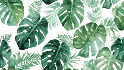 Floral jungle design with isolated watercolor monstera leaf illustrations in a continuous pattern