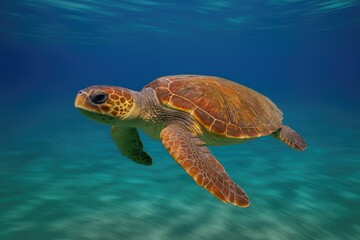 Fototapeta premium Swimming Loggerhead Turtle (Caretta caretta) with CPL filter, showcasing motion blur on a Mediterranean island