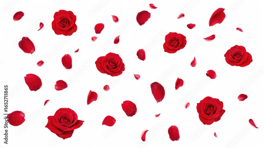 Poster red roses and petals floating against a white backdrop with ample space for text. artistic airborne 
