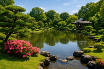 Tranquil Japanese-Inspired Park with a Lake Setting