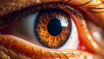 A mesmerizing macro view into a human eye, showcasing the intricate details and warm amber color of the iris, symbolizing sight and perception
