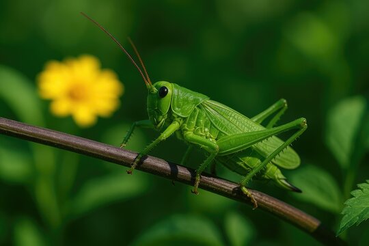 Bright green hopper resting on a branch