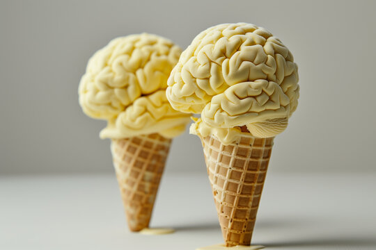 two waffle cones with yellow ice cream balls in the shape of brains close-up